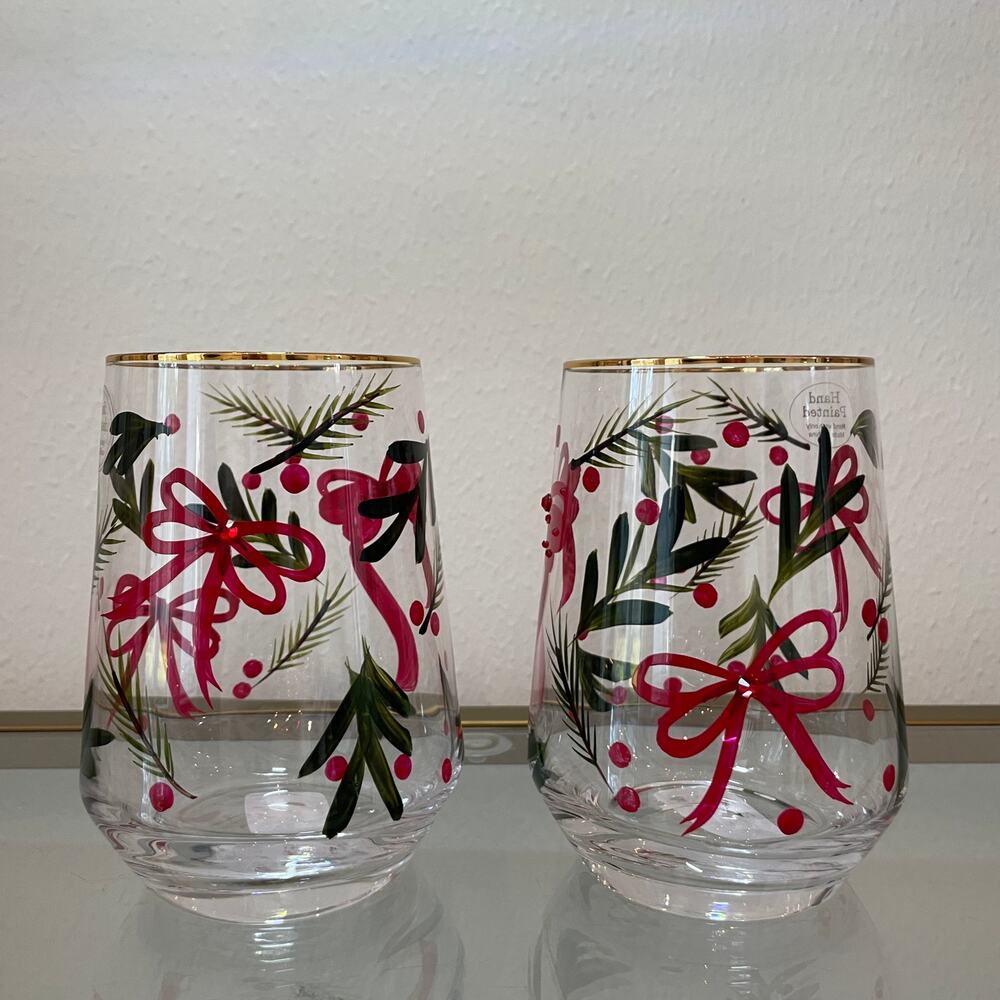 Hand Painted & Jeweled Stemless Wine Glass Set 2 Coquette Christmas Bows Holly